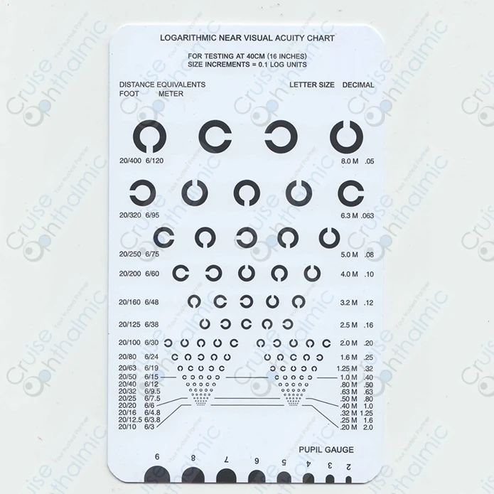 Optometric 40cm or 16 Inch Near Vision Test Cards Logmar Ophthalmic Vision Chart Decimal|Symbols and Broken C with Pupil Guage