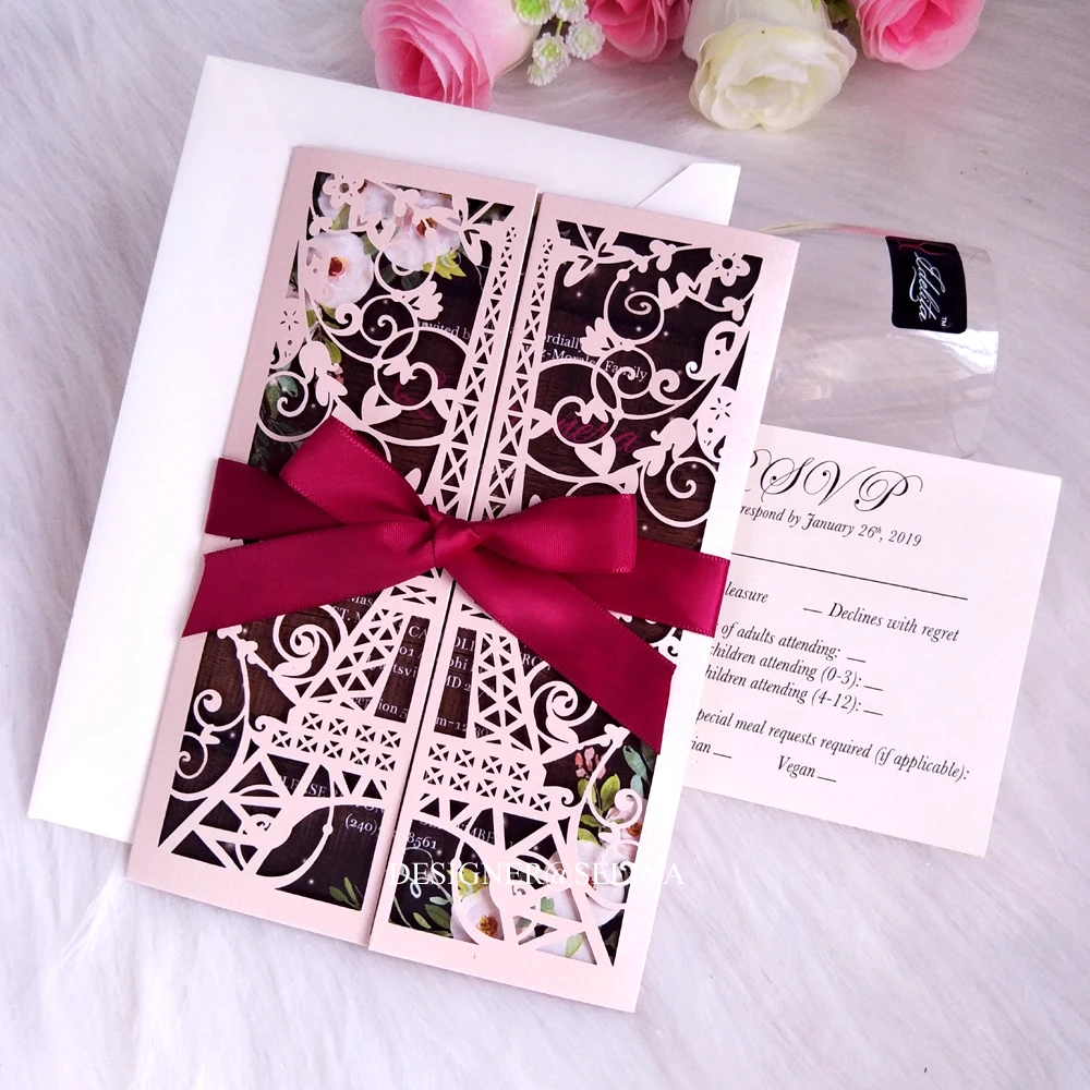 50PC Blush Tower Laser Cut Wedding Invitations with Burgundy Ribbon Hollow Invitation Card for Quinceanera Bridal Shower Invites