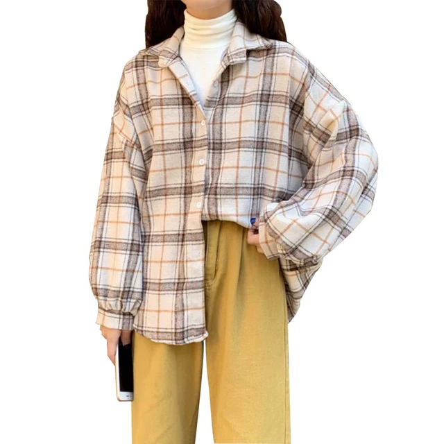 Muyogrt Women Shirt Plaid Oversized Brown Top Turn-down Collar Leisure Fashion Loose All-match Long Sleeves Soft Chic Korean Top Style2-BEIGE
