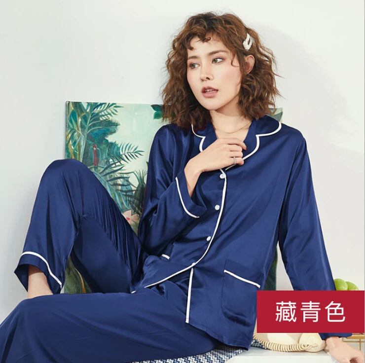 dark blue Рубашка с длинными рукавами+ штаны, Женская домашняя одежда, комплект из 2 предметов, пижама, осенняя одежда для сна, ночная одежда, элегантный Пижамный костюм - Цвет: dark blue