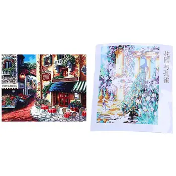 

2 Set Diy Oil Painting Paint By Number Kits Home Decor Frameless - Small Town & Garden with Peacocks