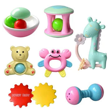 

2019 hot Baby Toys Sets Hand Jingle Shaking Bell Cartoon Animal Hand Shake Bedding Ring Rattles Toys Newborn Teether Toys 7Pcs