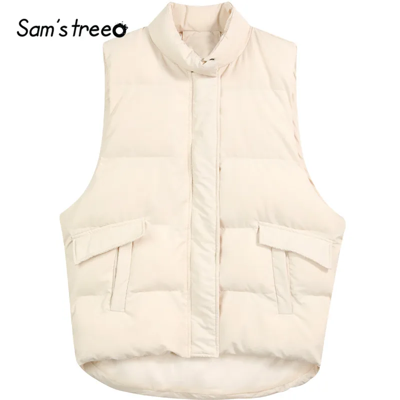 SAM'S TREE, черный однотонный прямой теплый пуховый жилет, пальто для женщин, зима, белая, чистая, на молнии, без рукавов, женская верхняя одежда