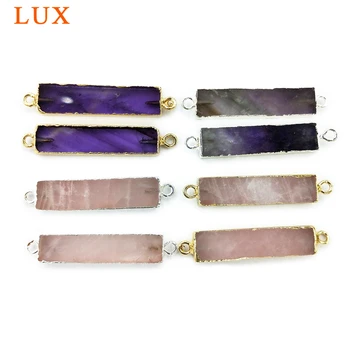

Rectangle Shape Natural Rose Quartzs amethysts Pendant Double Loops With Gold Electroplated Connector For Women Dainty