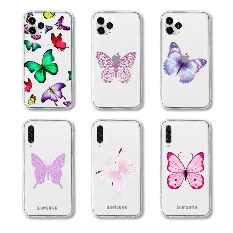 Розовый прозрачный чехол для телефона с бабочкой iPhone Samsung A S 11 12 6 7 8 9 30 Pro X XS Max XR Plus