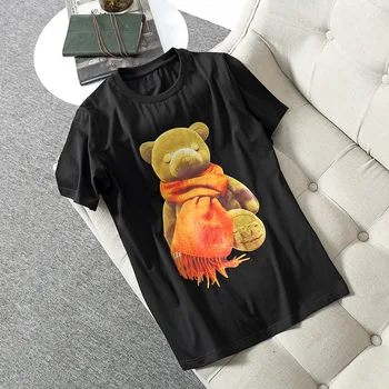 

Spring 2020 for European and American women's wear Cartoon bear print with short sleeves fashion black T-shirt