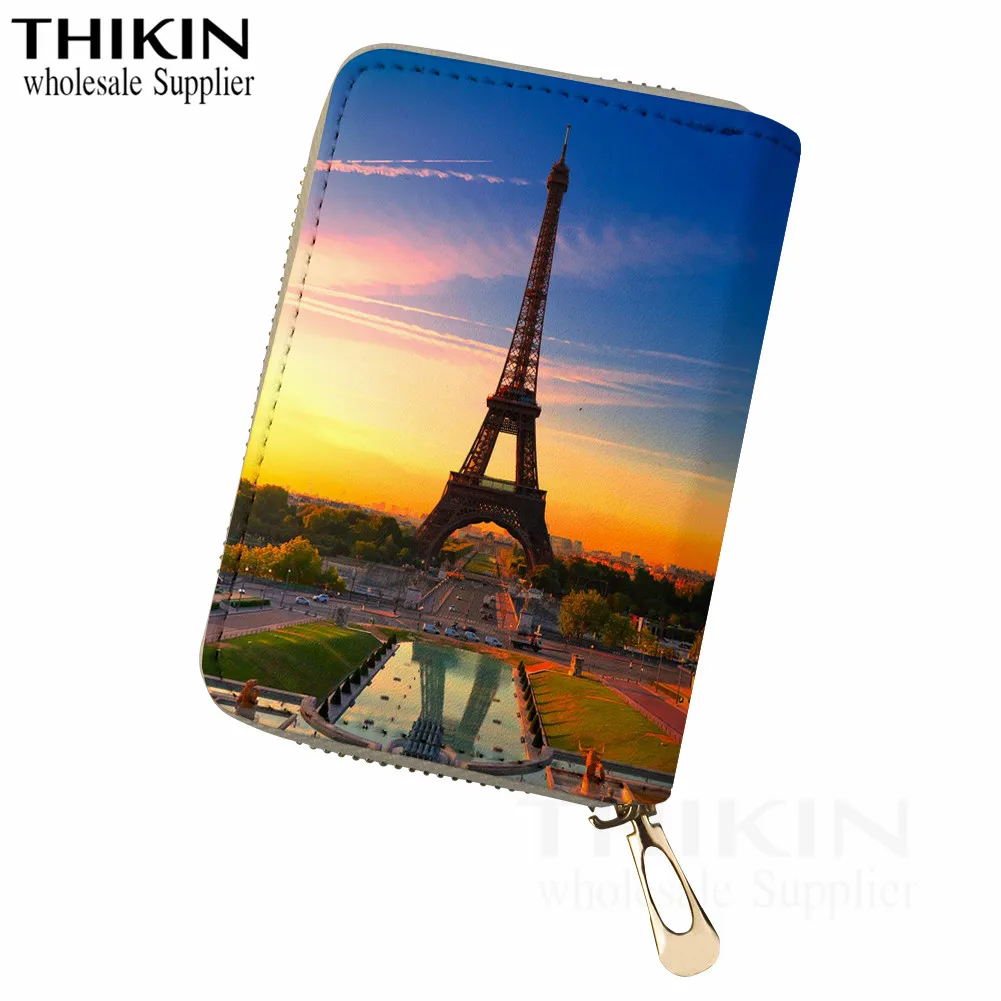 

THIKIN Eiffel Tower In The Sunset Print Women Leather Business Cards Holder Credit Card Cover Bags Ladies Small Money Bag Custom