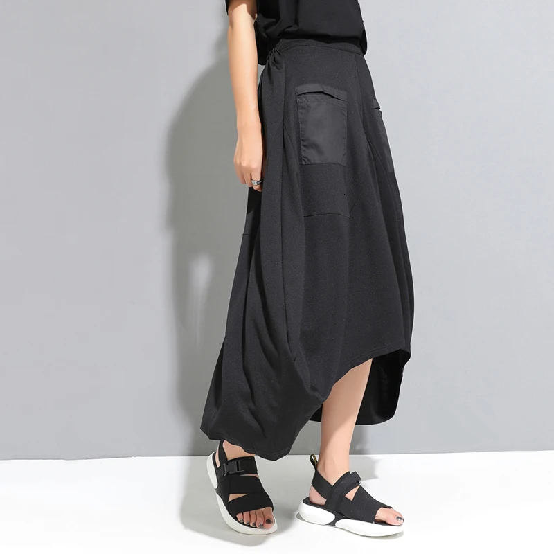 [DEAT] Новинка, осенне-зимняя юбка с высокой эластичной талией, черная, с карманами, с разрезом, свободная, нестандартная, средней длины, женская мода, JW88