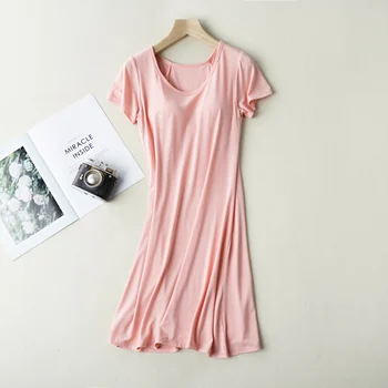 

Ladies Nightdress Sleepwear Dress With Chest Pad Without Rims Vest Comfort Mid-long Short Sleeve Nightdress