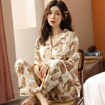 

Autumn Pure Cotton Women's Pajamas Set Loose Korean Cardigan Multi-cartoon Optional Front Button Can Be Worn Outside Homewear