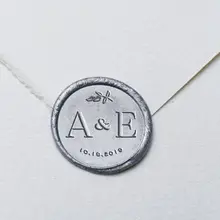 Инициалы с датой и листьями штамп для восковой печати/индивидуальная восковая печать комплект/Свадебная печать штамп/специальная печать штамп/приглашение печать штамп