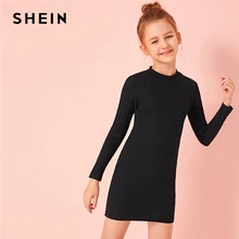 SHEIN Kiddie/черное трикотажное платье в рубчик с воротником-стойкой для девочек; Повседневное платье для девочек; осень г.; обтягивающие детские мини-платья с длинными рукавами