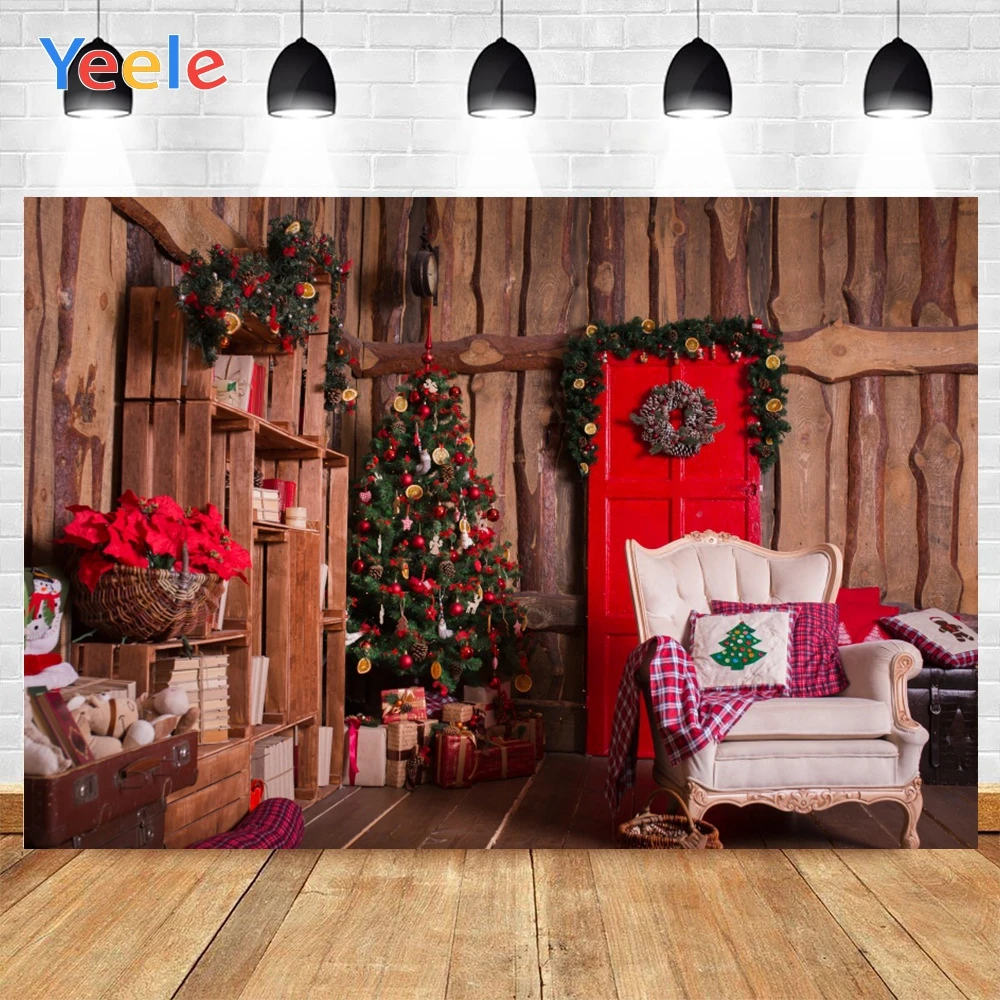 

Yeele Merry Christmas Gifts Red Door Wooden House White Sofa Toys Book Background Photophone Backdrops for Decor Customized Size