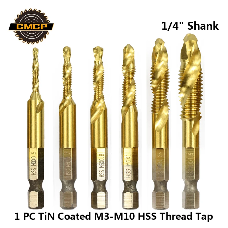 

1pc Titanium Coated Screw Tap Drill Bit M3 M4 M5 M6 M8 M10 HSS Machine Hand Tap 1/4" Hex Shank Spiral Thread Tap Metric Plug Tap