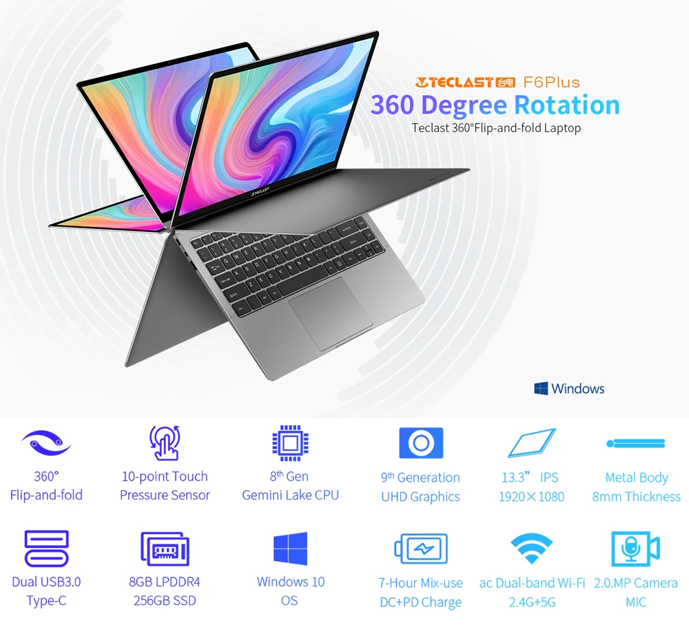 Новейший ноутбук Teclast F6 Plus, 13,3 дюймов, 8 ГБ ОЗУ, 256 Гб ПЗУ, вращение на 360 градусов, 1920 × 1080, Full HD, Windows 10 OS, аккумулятор 10000 мАч