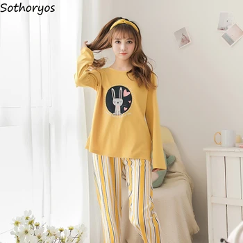 

Pajama Sets Women Long Sleeve Various Color Casual Loose O-neck Womens Pajamas Korean Style Females Homewear High Quality Chic