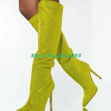 Green Crystal Stiletto Heel Boots Knee High Sexy Pointed Toe Runway Women Boots Fashion Custom Made Winter Boots