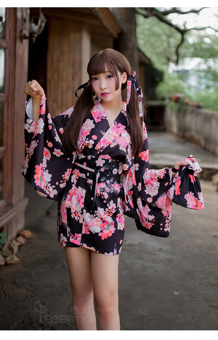 Японское кимоно сексуальный халат Сакура Цветочный халат с принтом женское платье Милая одежда для сна неглиже Kawaii Morning платье атласное Badjas