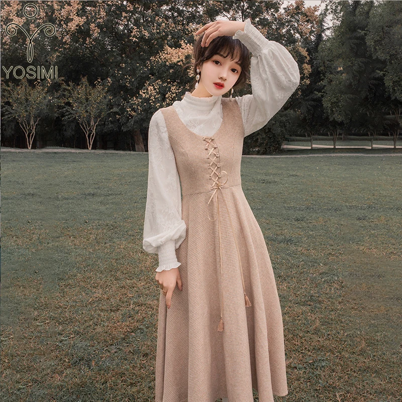 

Winter Two Piece Set Women Long Sleeve Lantern Sleeve Blouse White Shirt and Woolen Plaid Strap Dress 2 Piece Outfits Skirt Set