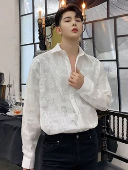 

Men Sequins Spliced Loose Casual Long Sleeve White Shirt Male Fashion Punk Streetwear Hip Hop Party Dress Shirt Stage Clothing
