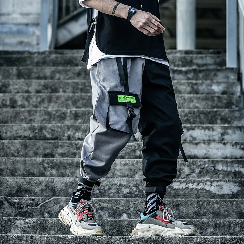 

2020 Fashion Hip Hop Cargo Tactical Pants Men Streetwear Patchwork Pant Male Harajuku Joggers Color Block Trousers Ribbon XN43
