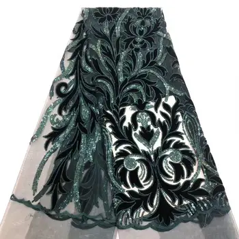 

New arrival green gold velvet lace fabric with sequins 5yard good quality comfortable velvet lace fabric with sequins for dress