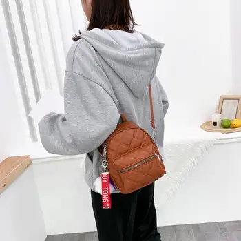 

Casual Lattice Pattern Solid Color Rucksack Durable PU Leather Small Messneger Backpack Hanging Pompom Fashion Shoulder Bags