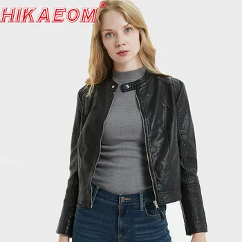 

2019 Autumn Leather Jacket Women New Pu Leather Short Slim Black Round Neck Motorcycle Leather Jacket Long Sleeve New Arrival