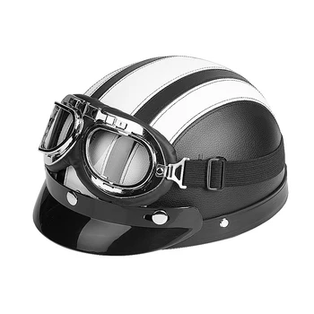 

Universal Motorcycle Scooter Synthetic Leather Open Face Half Helmet with removable leather scarf and UV-resistant Goggles