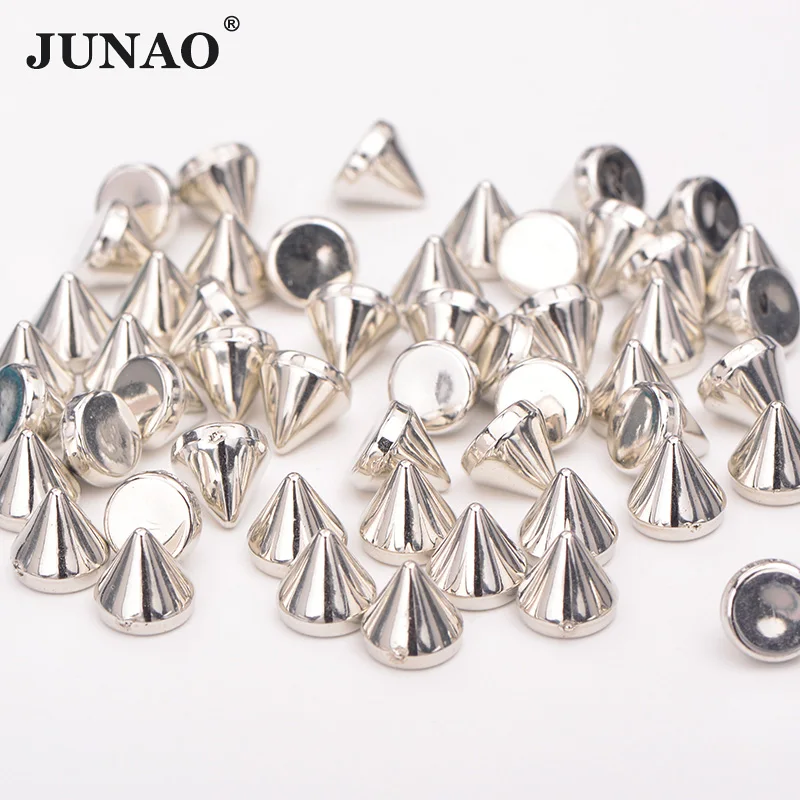 Silver JUNAO 8 ММ золотого серебряного цвета панк заклепки пластиковые шпильки и шипы не Швейные заклепки конусные гвозди украшения заклепки для джинсовой кожи - Цвет: Silver