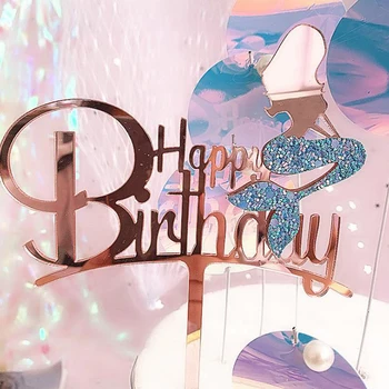 

1 Pcs Hot Pink Gold Mermaid Acrylic Cake Toppers Glitter Happy Birthday Cake Topper Picks for Birthday Party Cake Decorations
