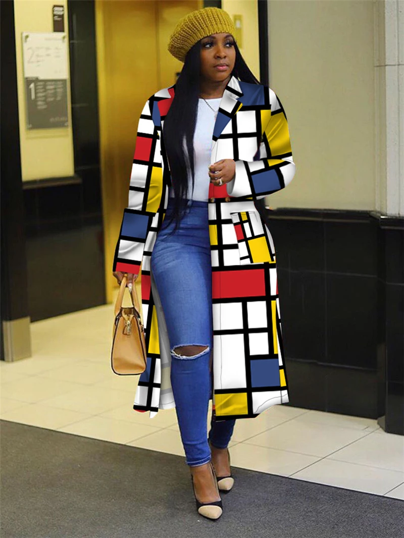 Adogirl Plus Size S-5XL Plaid Print Women Trench Coat Double Breasted Turn Down Collar Long Sleeve Extra Long Jacket Outwear