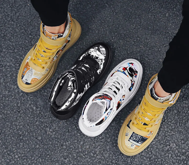 Fashion Personality Graffiti High Top Vulcanized Shoes Men All Match Fashion Sneakers Men Convenient Hook Loop Male Shoes