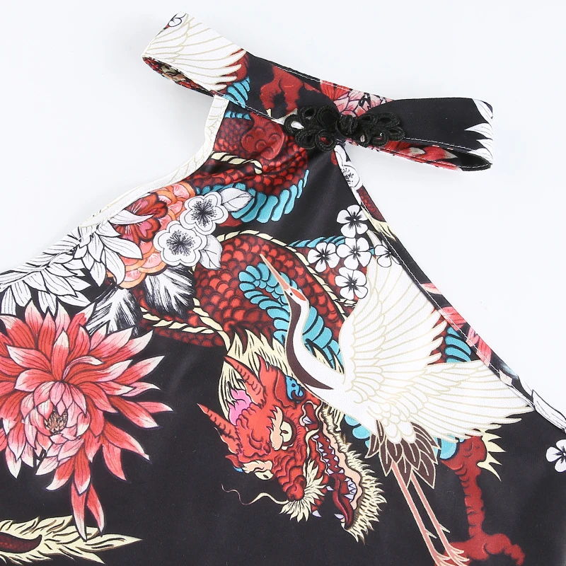 Women's Chinese Style Backless Dragon Printed Summer Halter Tank