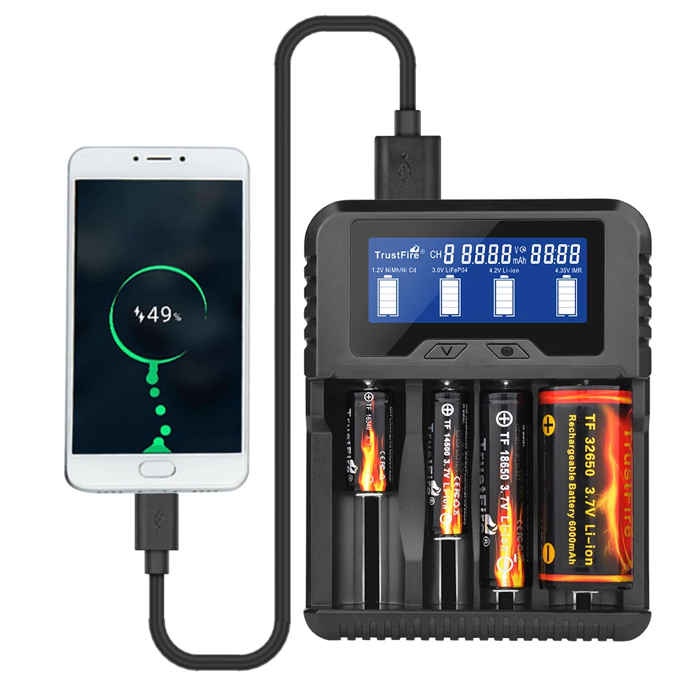 

Trustfire TR-020 Battery Charger Household Powerbank for Li-ion IMR 18650 26650 32650 Ni-MH Ni-Cd AA RCR123A RCR123 Battery