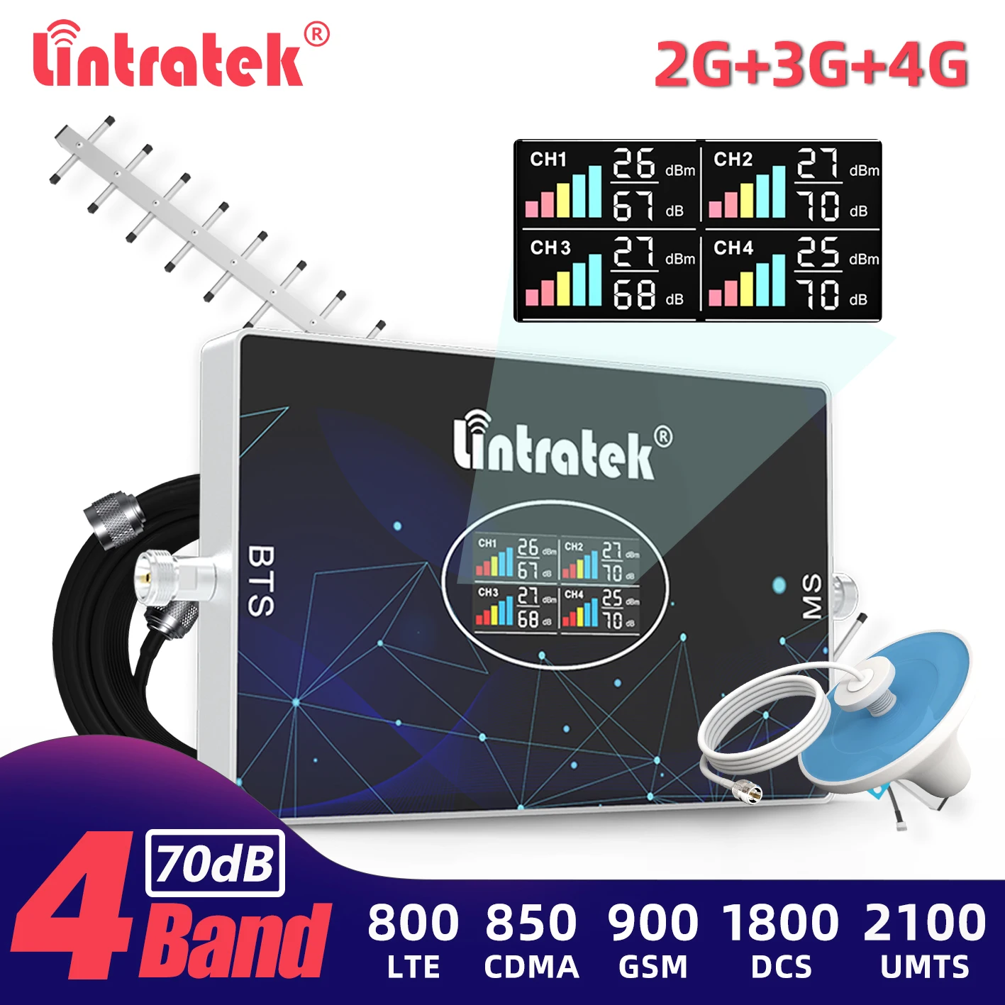 Lintratek 4-полосный 2G 4G Сотовый усилитель 800 B20 850 900 2100 1800 2600 ретранслятор CDMA GSM UMTS LTE