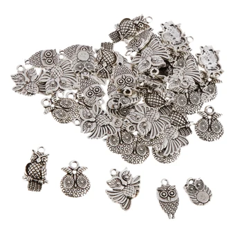 

50 Pcs Owl Charms Collection - Antique Mental Mixed Owl Birds Metal Pendants for Jewelry Making DIY Findings Mental Color