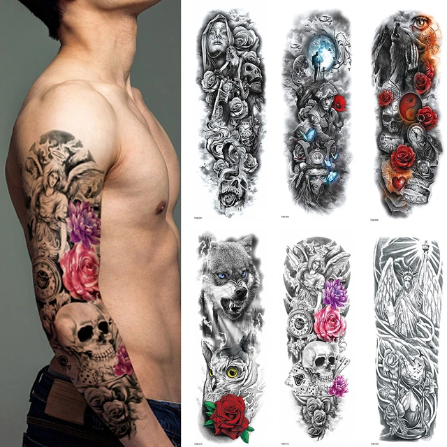 Black Forest Wolf tatuajes temporales manga para hombres y mujeres, soldado  falso, brújula, ojo, tatuaje, pegatina, brazo completo, juegos de tatuajes  lavables