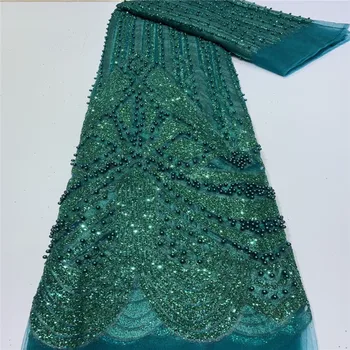 

African beads Lace Fabric Embroidered Nigerian Sequins Lace Fabric 2020 green High Quality French Tulle Lace Fabric For Women