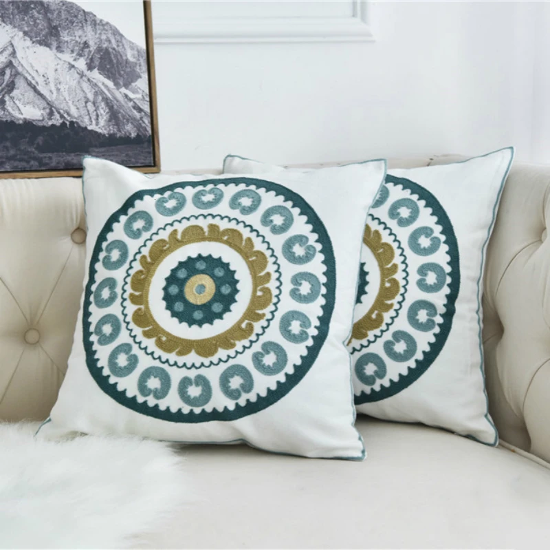 

National Style Pillow Cover Round Leaf Pattern Embroidery Art Throw Cushion Cover Living Room Sofa Bed Home Soft Decor 45*45