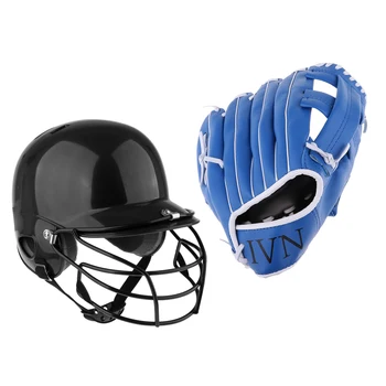 

1 Set Black Baseball Bating Helmet Softball Compact Mask & Blue Baseball Softball Thicken Gloves Softball Catching Mitts