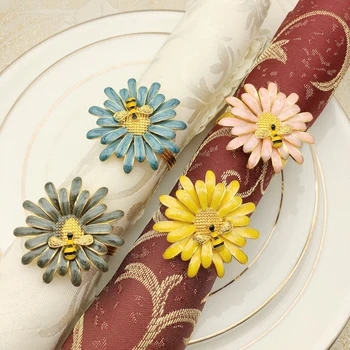 

10pcs Colorful Alloy Napkin Ring Bee Flower Shape Napkin Buckle Table Towel Holder Hotel Wedding Festival Dinner Party Decor