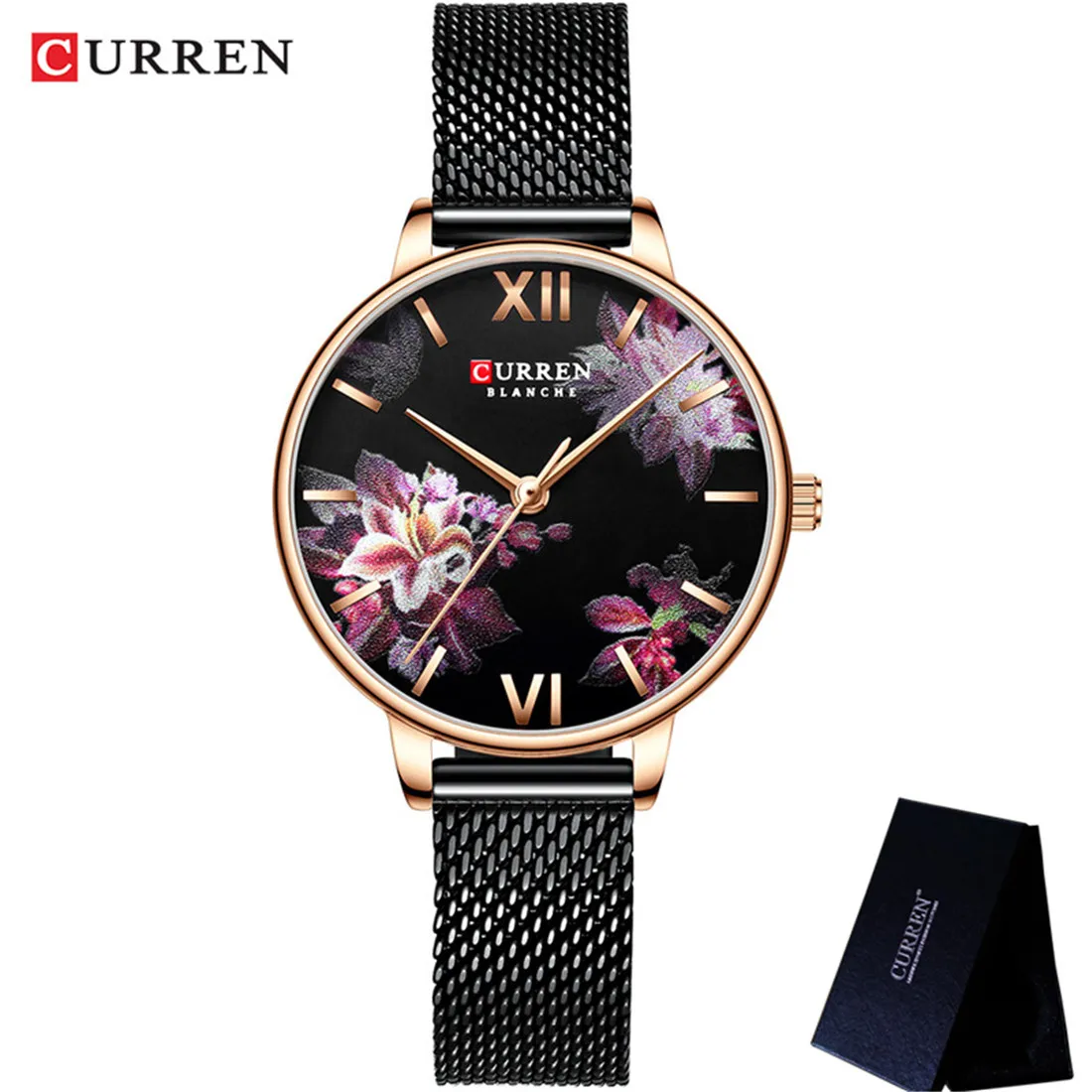 CURREN женские часы лучший бренд Роскошные черные женские часы сетка браслет из нержавеющей стали цветок Модные женские наручные часы 9060