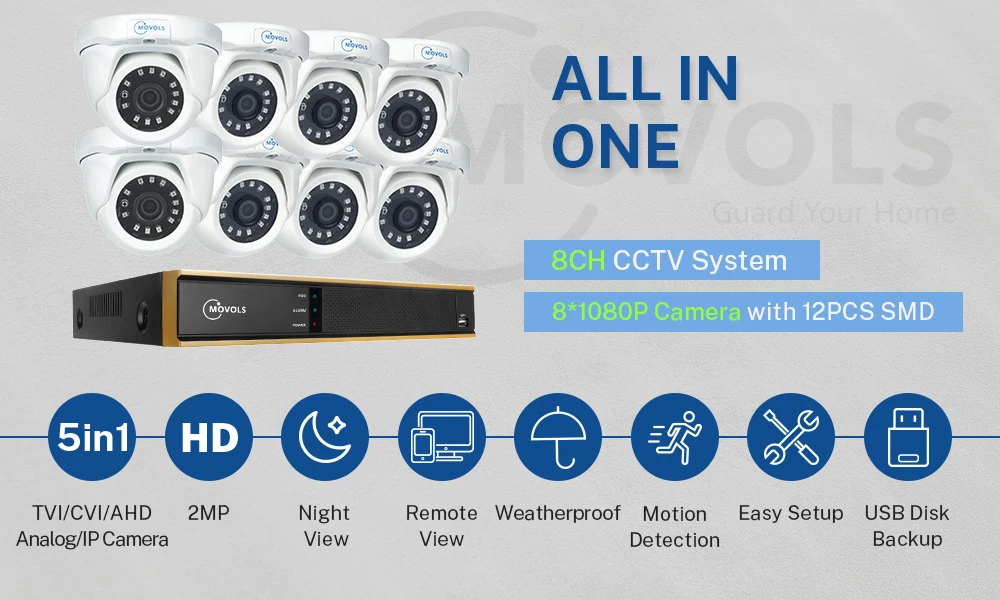 MOVOLS 2MP CCTV Kit 8CH DVR 8 шт. купольная камера ночного видения Система безопасности для дома и улицы Водонепроницаемая P2P система видеонаблюдения