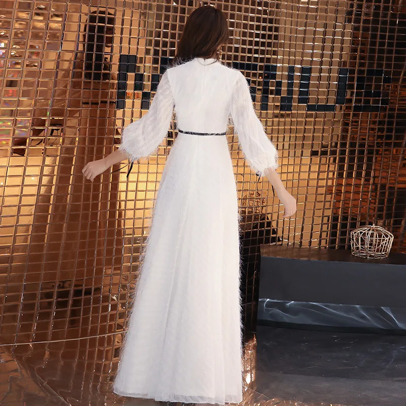 Skyyue белое платье для выпускного вечера с рукавом три четверти Vestidos De Gala Высокий воротник перья размера плюс короткий рукав платья для выпускного вечера E433