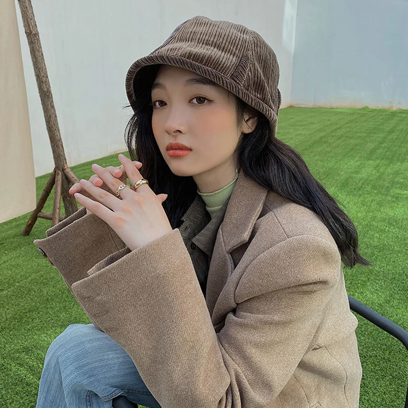 

Women Winter Bucket-Hat Literature Art Corduroy Dome Fisherman Hat Korean Preppy Fashion Simple Wild Basin Hat Caps