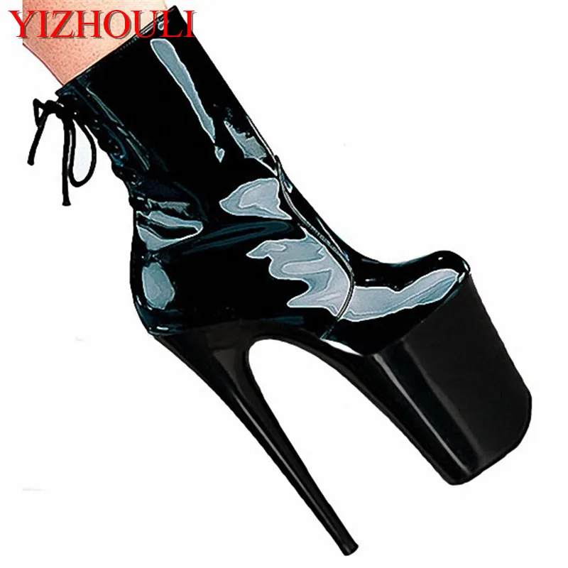 20cm Black sexy patent leather ankle boots, a low - size, low - bottom sex high heels, fine - with special - Dance Shoes