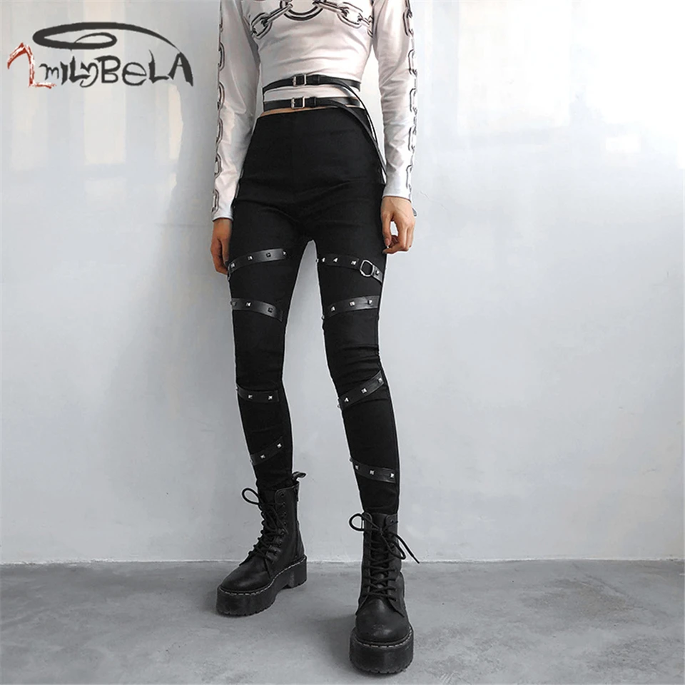 ImilyBela, готические узкие брюки-карандаш с заклепками, женские сексуальные кожаные облегающие длинные брюки, осенние черные брюки с высокой талией