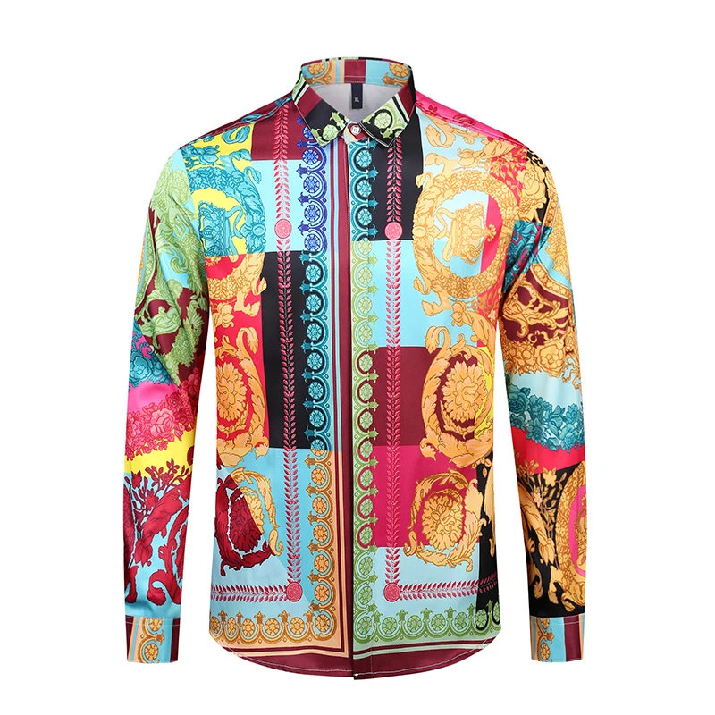 

True Reveler men nightclub blouse long sleeve colorful male flower dress shirts hawaiian tops printed crown king men shirt