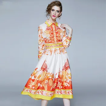 

Spring Autumn Fashion Runway Elegant Midi Dress Women's Long Sleeve Vintage Floral Print High Waist Slim Fit Flare Midi Dress